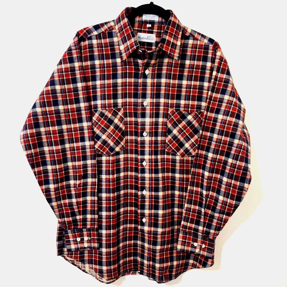 Vintage 80s Windbreaker Brand Plaid Flannel Shirt Made in USA Deadstock Mens Med